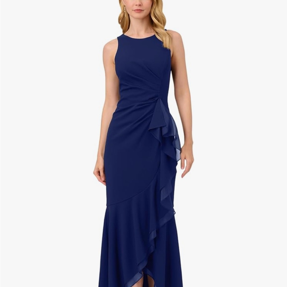 Adrianna Papell Blue Asymmetrical Halter Gown